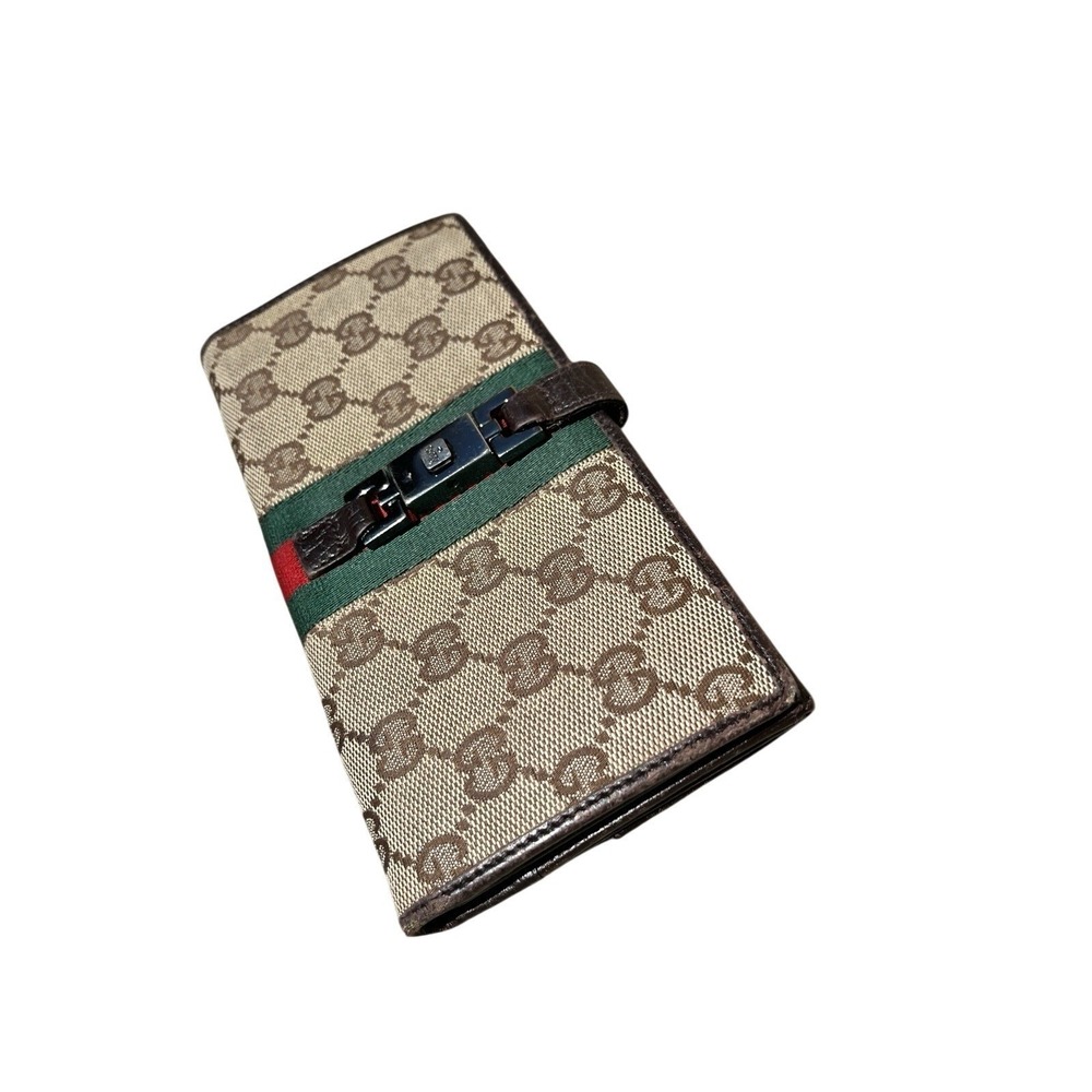 Vintage Gucci GG Canvas Web Stripe Continental Wallet Jackie Clasp Leather Italy - Picture 2 of 13